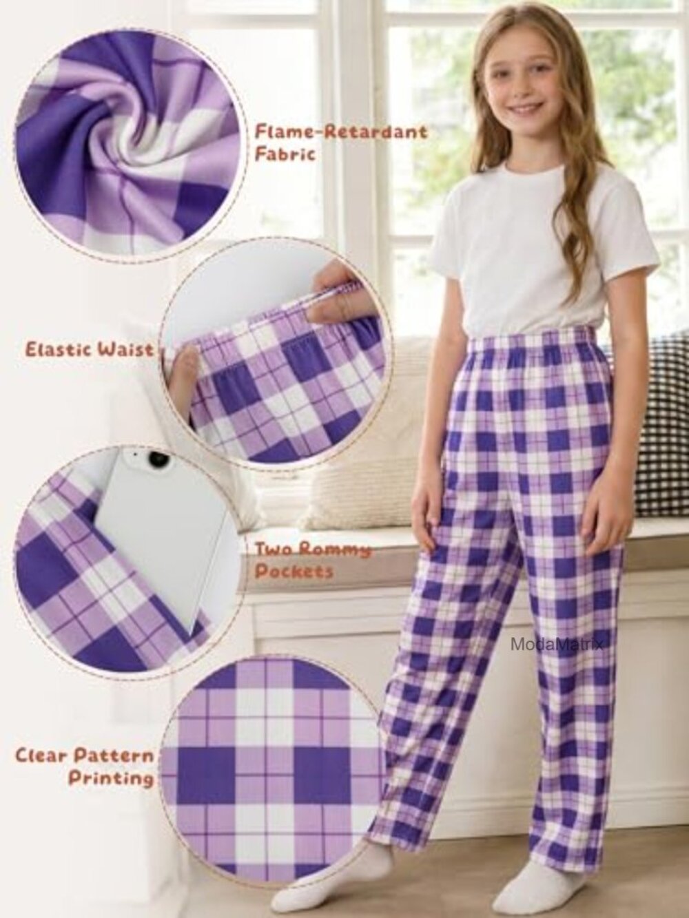 Kids Pajama Pants 3 Pack Soft Plaid Lounge Sleep Bottoms with Pockets - Picture 2 of 6